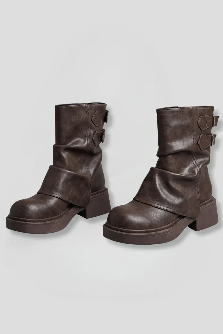Women's Wide Calf Mid-Calf Block Heel Boots with Fold-Over Cuff