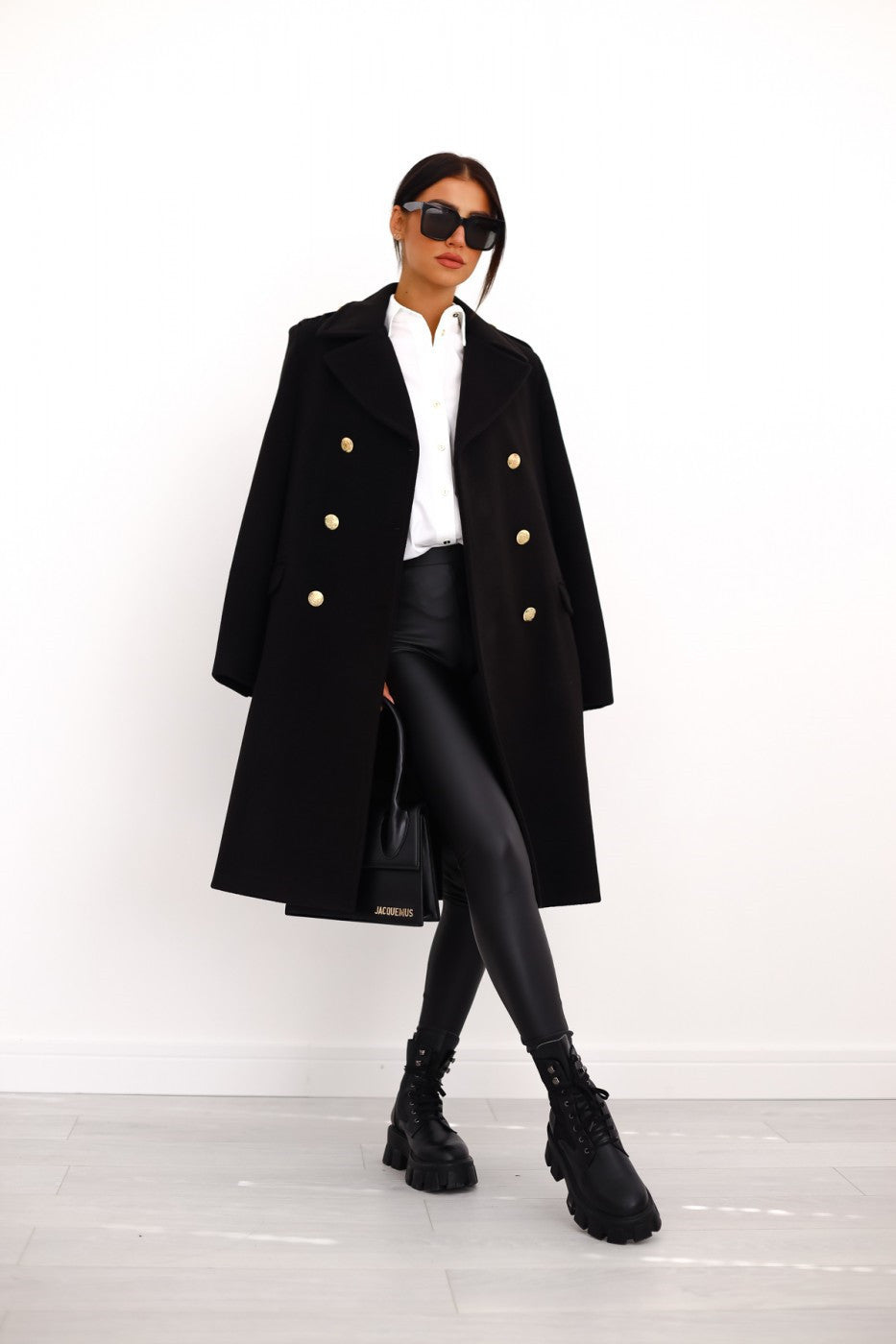 Women's Wool Coat with Gold Button Detail