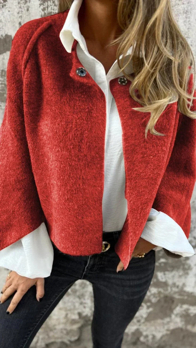 Women's Wool Coat with Round Neckline and Long Sleeves