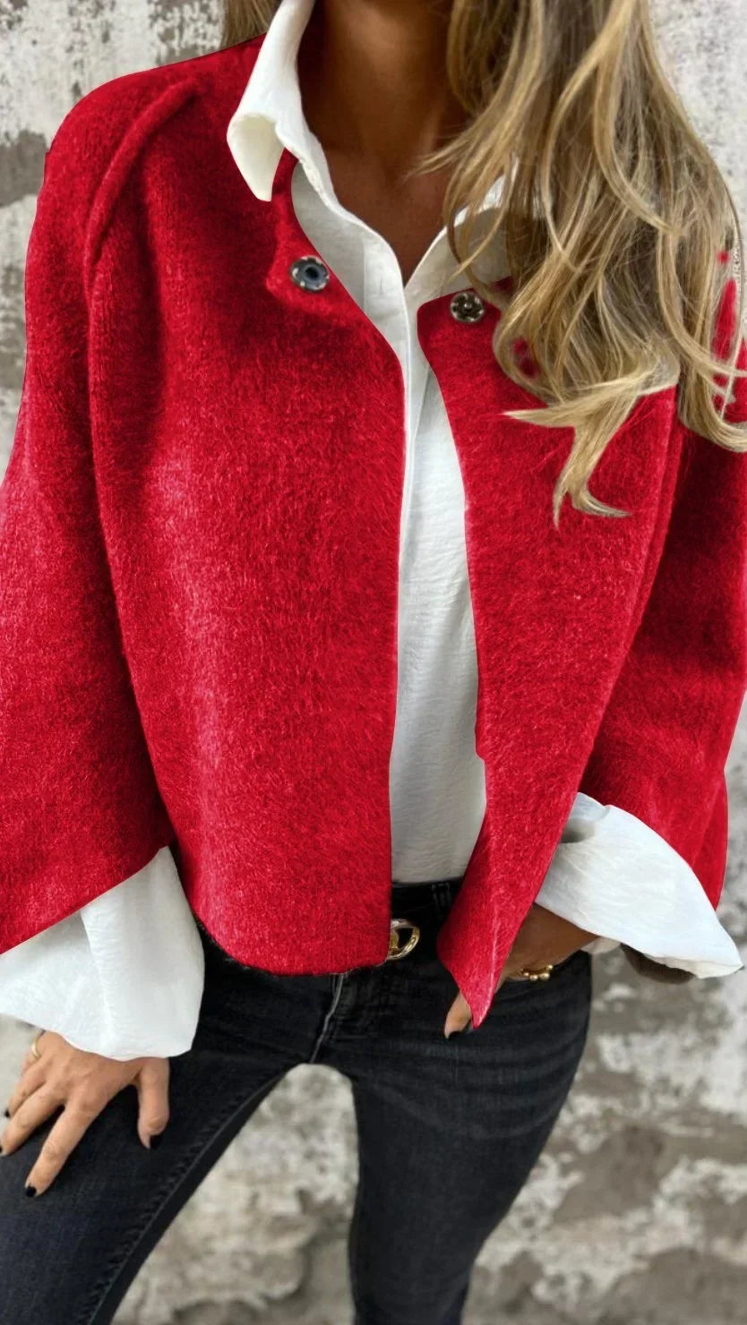 Women's Wool Coat with Round Neckline and Long Sleeves