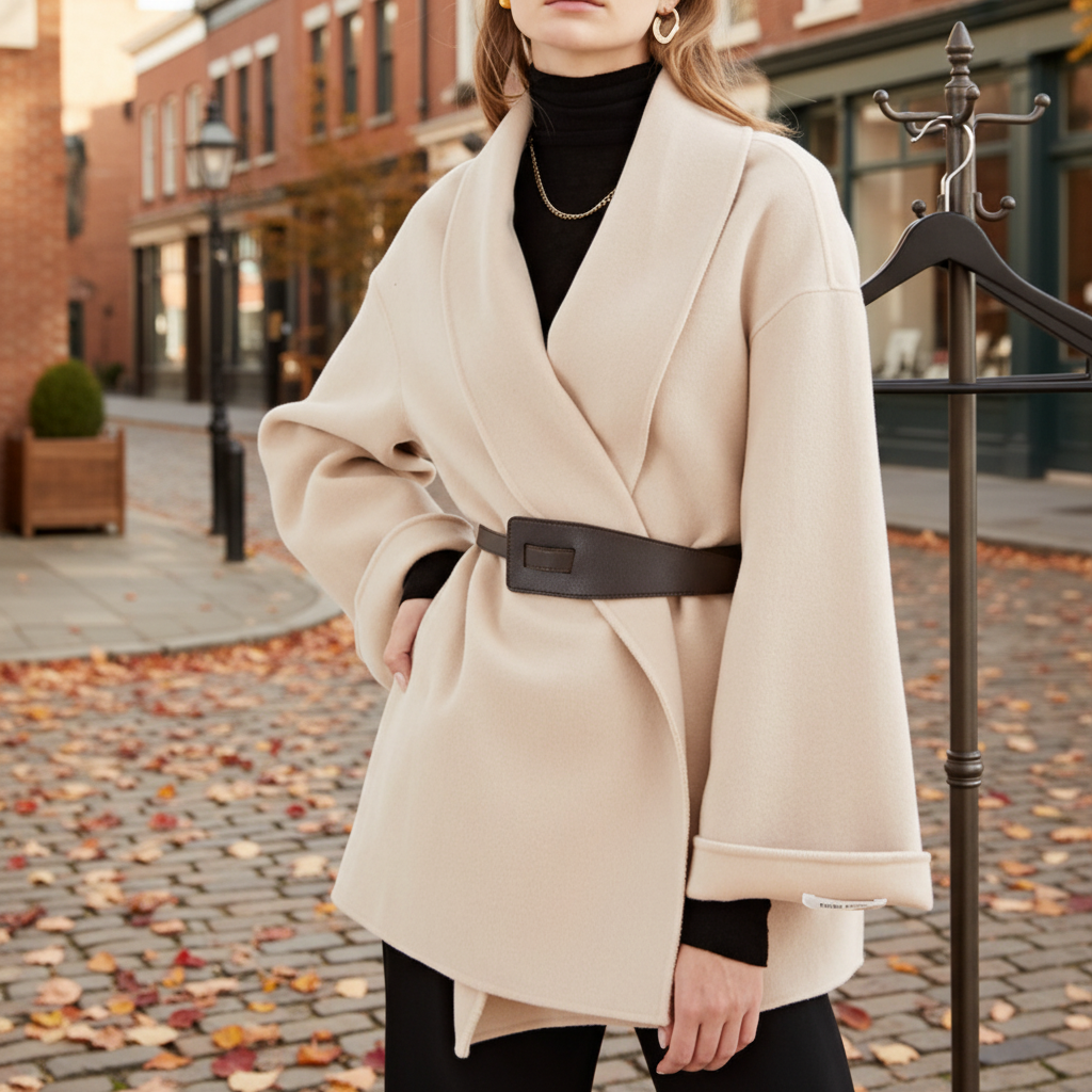 Women's Wrap Coat with Wide Lapel Collar and Tie Belt