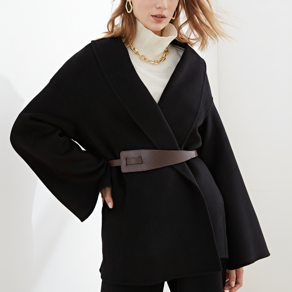 Women's Wrap Coat with Wide Lapel Collar and Tie Belt