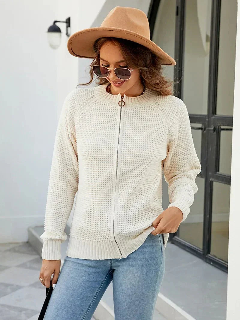 Women's Zip-Up Cardigan with Long Sleeves and Round Neck